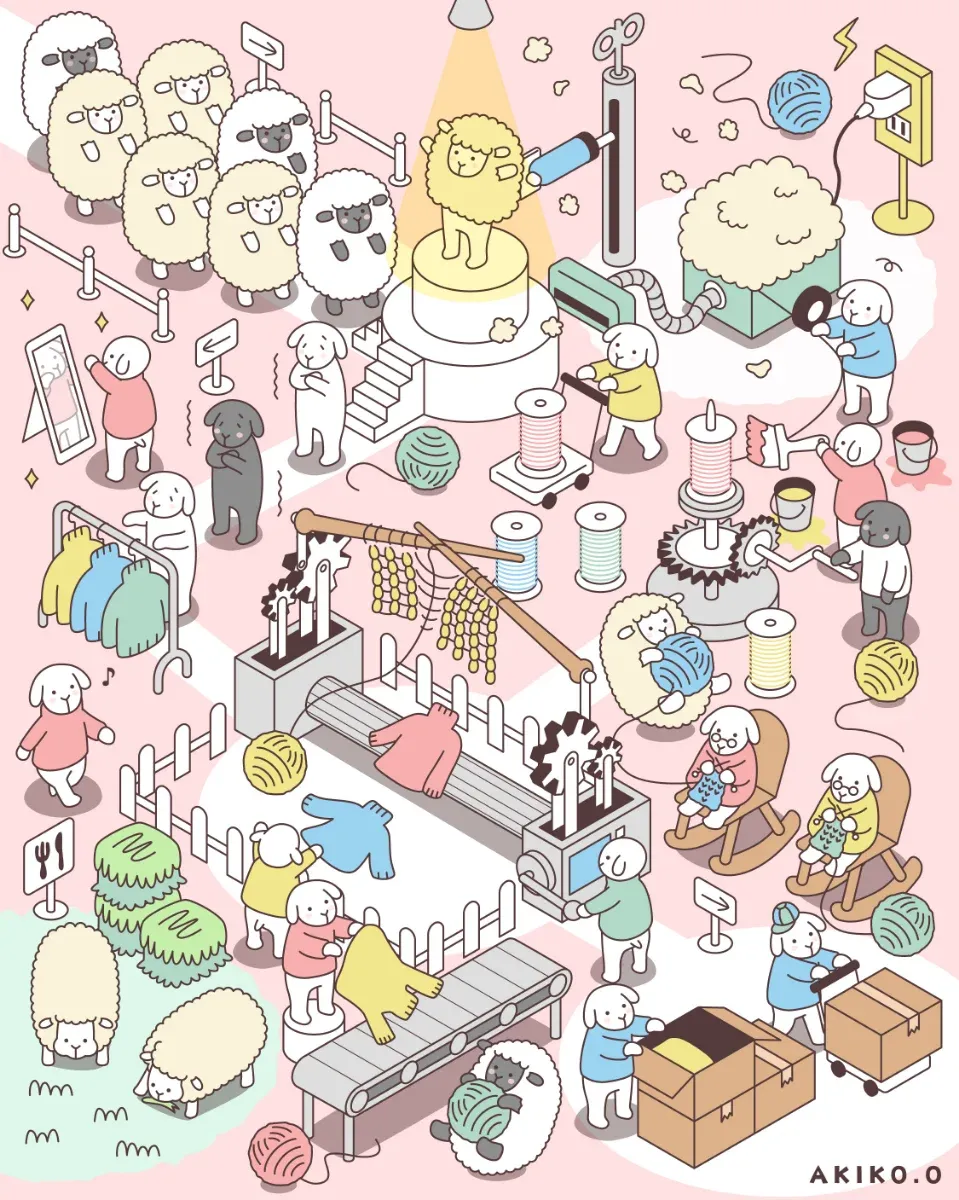 楽しい雰囲気のアイソメトリックイラスト（羊の編み物工場）