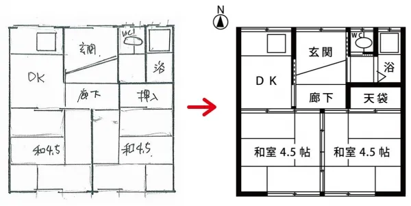 賃貸物件の間取り図作成（トレース）。